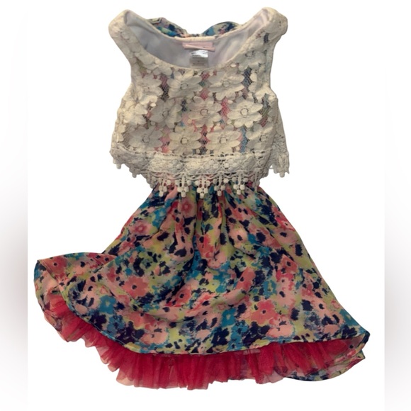 Little Lass Other - Girls Little Lass Cream Lace Top Dress with Multicolor Floral Skirt size 6